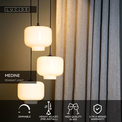 Lucide MEDINE - Pendant light - Ø 46 cm - 3xE27 - Opal
